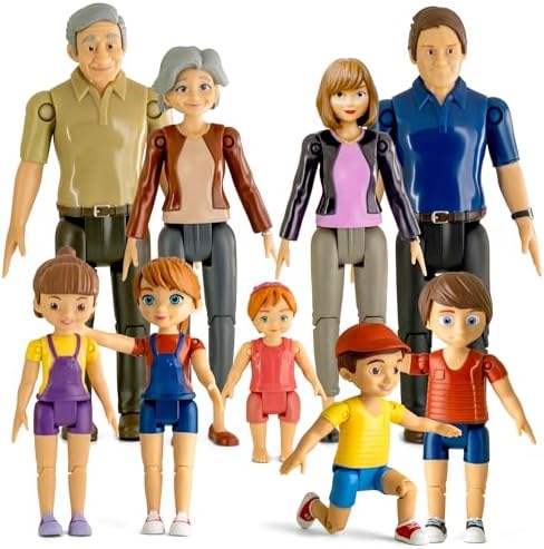Dollhouse People, Bendable Dollhouse Family Set â 9 Poseable Figures Including Grandpa, Grandma, Mom, Dad, Sister, Brother, Cousins, and a Baby Girl â Perfect for Dollhouse Play and Imaginative Fun