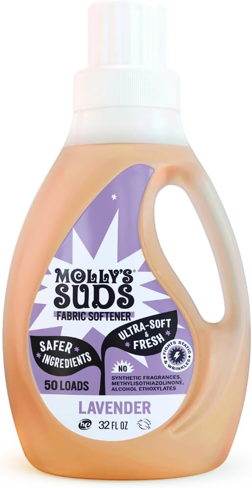 Mollyâs Suds Fabric Softener Liquid for Sensitive Skin | Vinegar-Powered, Infused with Essential Oils | Fights Static, Reduces Wrinkles, Deodorizes | Lavender, 50 Loads