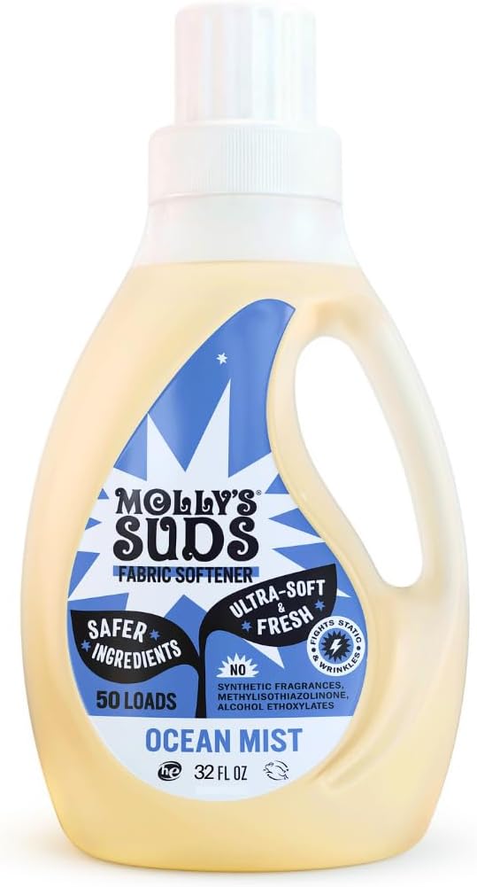 Mollyâs Suds Fabric Softener Liquid for Sensitive Skin | Vinegar-Powered, Infused with Essential Oils | Fights Static, Reduces Wrinkles, Deodorizes | Ocean Mist, 50 Loads