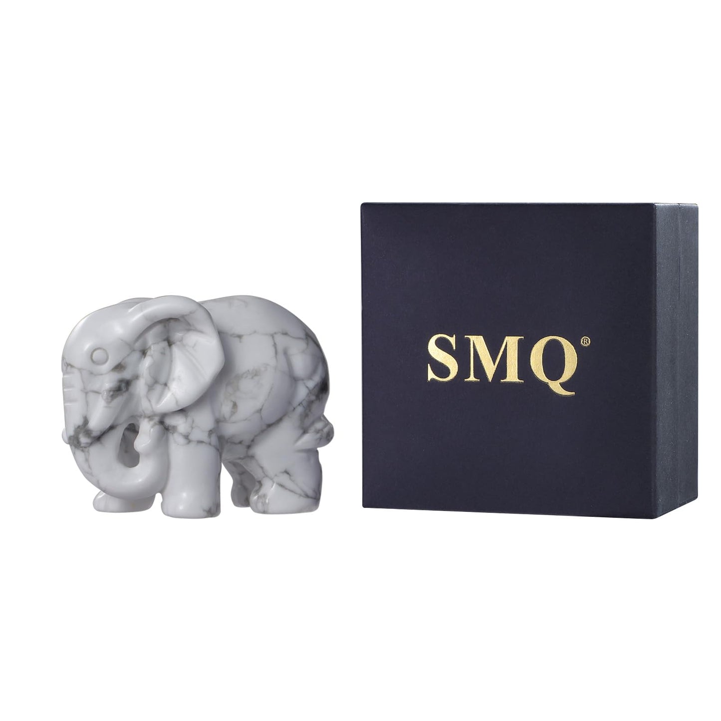 SMQ White Howlite Elephant Statue with Trunk Down for Women Gift Elephant Crystals Healing Stone Carved Lucky Pocket Spiritual Animal Carvings Figurine Home Office Decor Ornament,2''