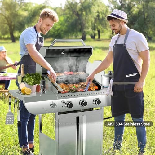 34,000 BTU 3-Burner Propane Gas Grill with Side Burner, All Stainless Steel BBQ Grill, Cast Iron Grates & Portable Cart with Wheels,Outdoor Barbecue Grill for Backyard, Patio, Camping