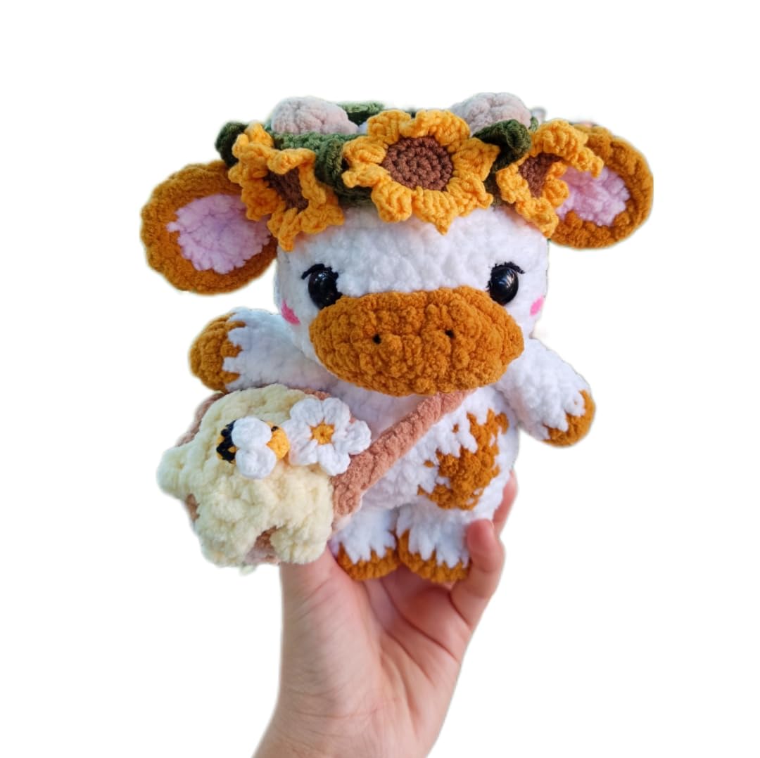 Handmade Sunflower Cow Plush โ Soft Crochet Cow Stuffed Animal, Kawaii Plushie, Cuddly Cow Toy, Nursery Decor & Unique Handmade Gift