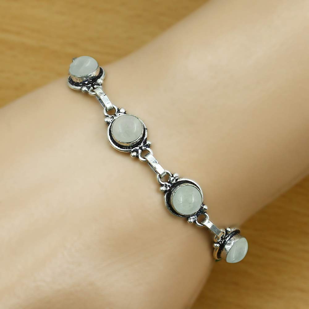 Natural Aquamarine 925 Silver Plated Round Gemstone Adjustable Bracelet for Women - March Birthstone Bohemian Vintage Style Handmade Jewelry Bracelet - Gift for Her