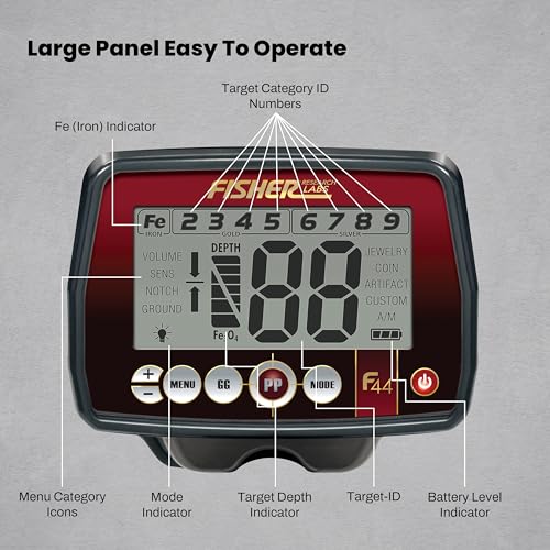 Fisher F44 Metal Detector with Weatherproof Design, Large LCD Display, and Sensitive Detection Features, Ideal for Both Beginners and Experienced Treasure Hunters Seeking Reliable Performance