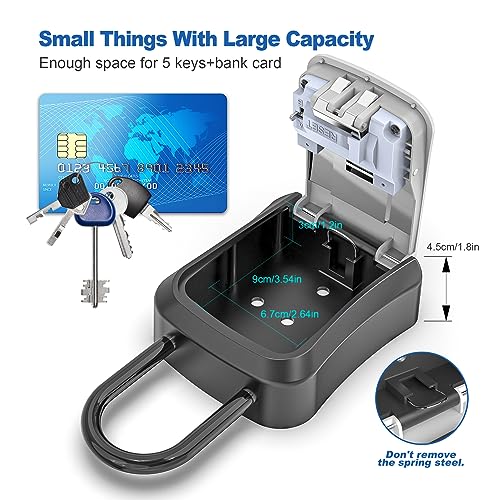 Key Lock Box for Outside, Portable Waterproof Wall Mounted Resettable 4-Digit Combination Key Storage Lockbox, 5 Keys Capacity Key (with Shackles+with Retractable Key Tether+ 5Pack)