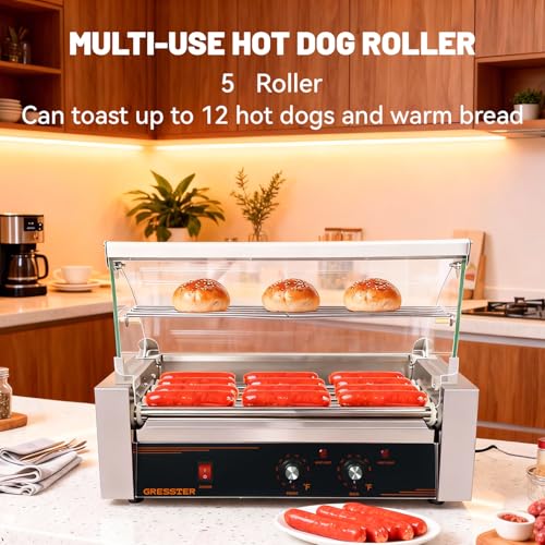 Sovtekr Hot Dog Roller Machine, 5 Rollers 12 Hot Dog Capacity 750W Stainless Dual Temp Control Glass Acrylic Hood, Bun Warmer Shelf Removable Drip Tray, ETL Certified - Commercial & Party Use