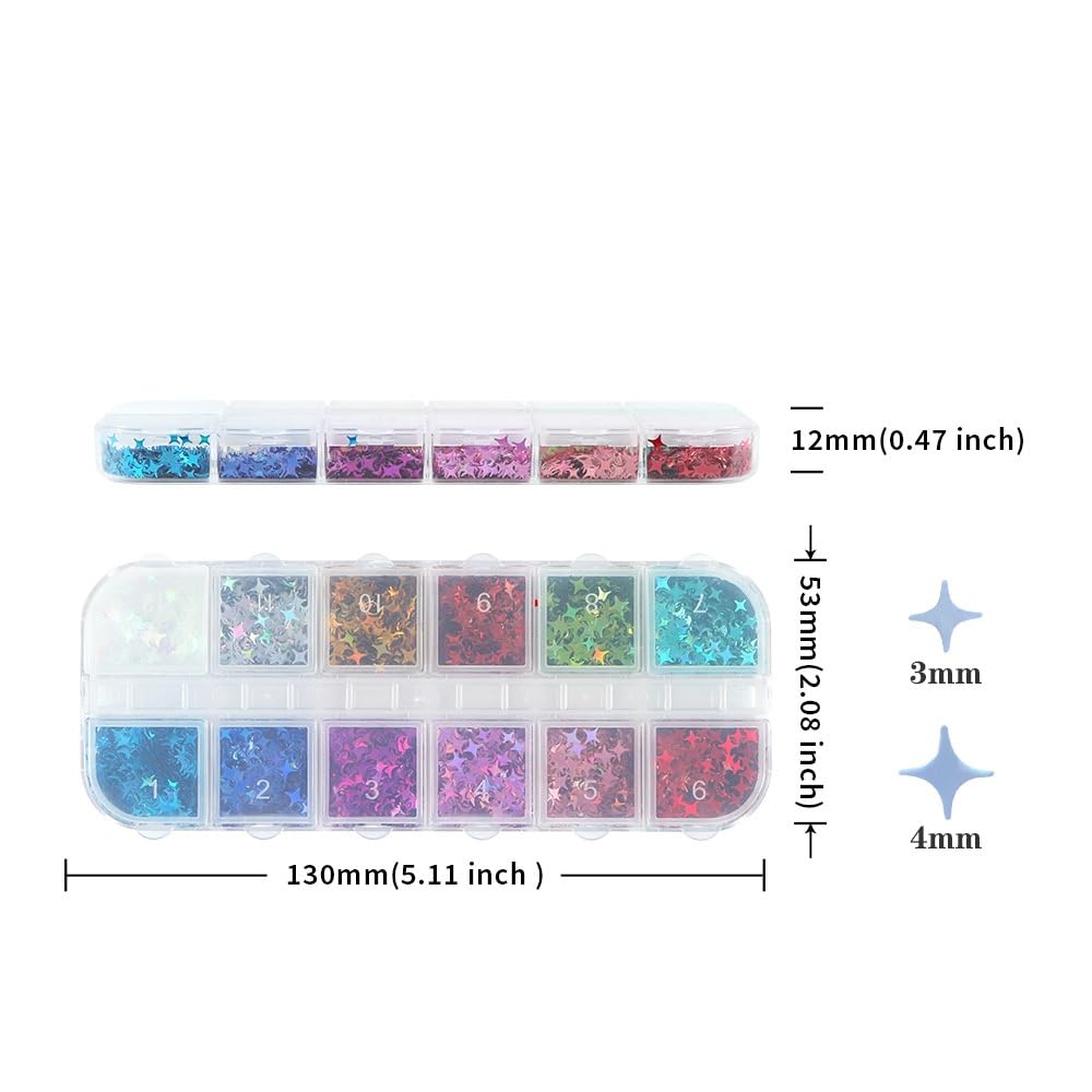 1 Box 12 Color Holographic Star Nail Glitter Silver Gold Nail Sequins 3D Colorful Nail Flakes Sparkly Powder Flakes Shiny Nail Glitter Laser Nail Sequins Glitter for Nails Art 12 Grids