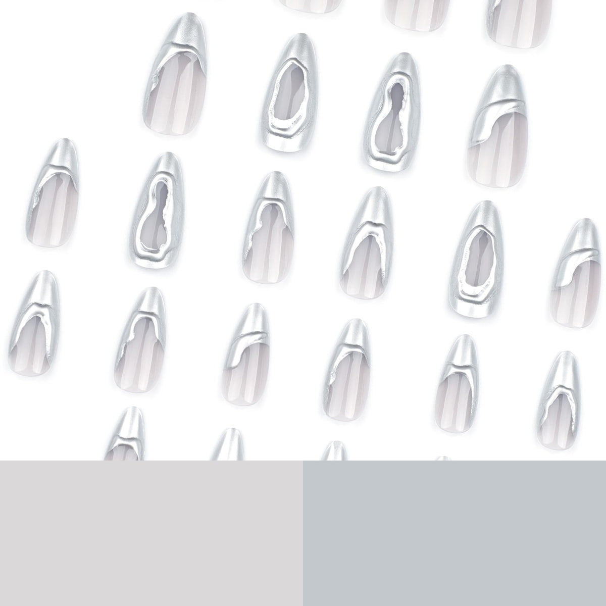 IMRAIN Silver Press on Nails Medium Almond Fake Nails 3D French Tips False Nails Full Cover Glossy Glue on Nails for Women Girl 24Pcs