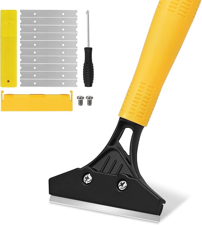 Heavy Duty Floor Scraper with 44.5â long handle, 4â Scraper Tool with 10 Replacement Metal Razor Blades, Paint Scraper for Cleaning Gum Glass Wall Tile Glue Linoleum Stove Top