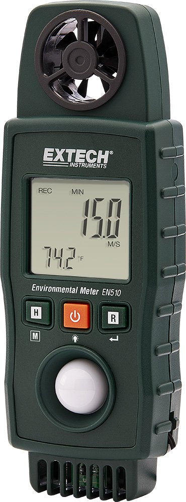 Extech EN510 10-in-1 Environmental Meter - Measures Air Velocity, Light, Sound, Temperature, Humidity, Dew Point, Wet Bulb, Heat Index, Wind Chill, Portable Multi-Function Tester with Backlit LCD