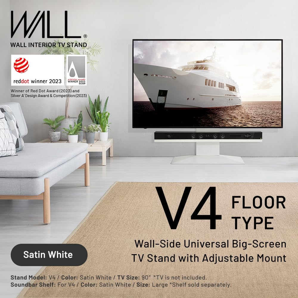 WALL V4 | Sleek Shallow Floor TV Stand for Extra Large 50-100 Inch | Satin White | for Large Screens | Living Room and Bedroom, Space Saving, Adjustable Mount, No Drill, Japan-Engineered Design