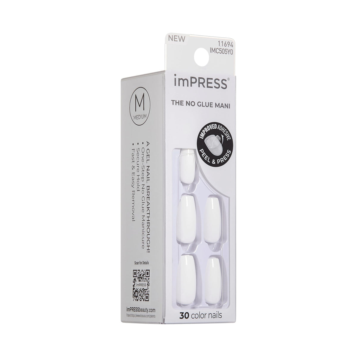 KISS Impress No Glue Mani 30 Pcs Press on Nails, Medium Coffin False Nails, Solid Pure White Stick on Extensions, Peel & Press Easy Apply, Hassle-Free Removal, Includes Manicure Stick, Prep Pad & File