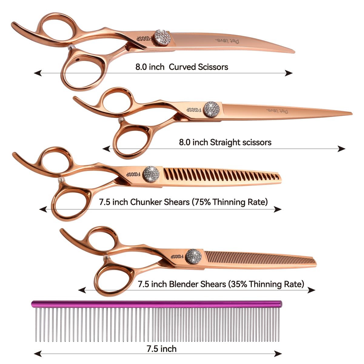 FOGOSP Left Handed Dog Grooming Scissors Set 4PCS Rose Gold Titanium Curved Thinning Straight Chunkers Shears Kit with White Artificial Diamonds Ergonomic Offset Handle Japan 440C