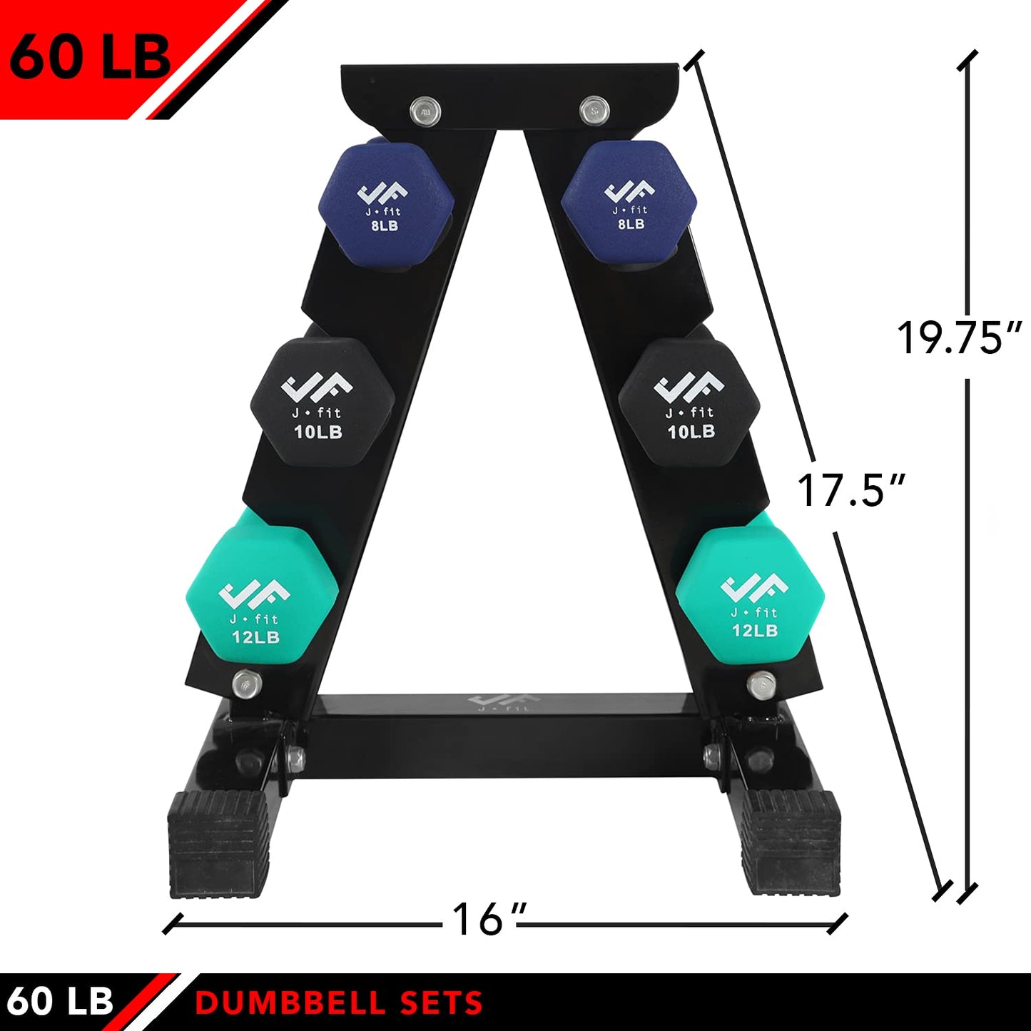 JFIT Dumbbell Set w/Durable Rack, Double Neoprene Coated Workout Weights, Solid Design Rack, 60 LB Set