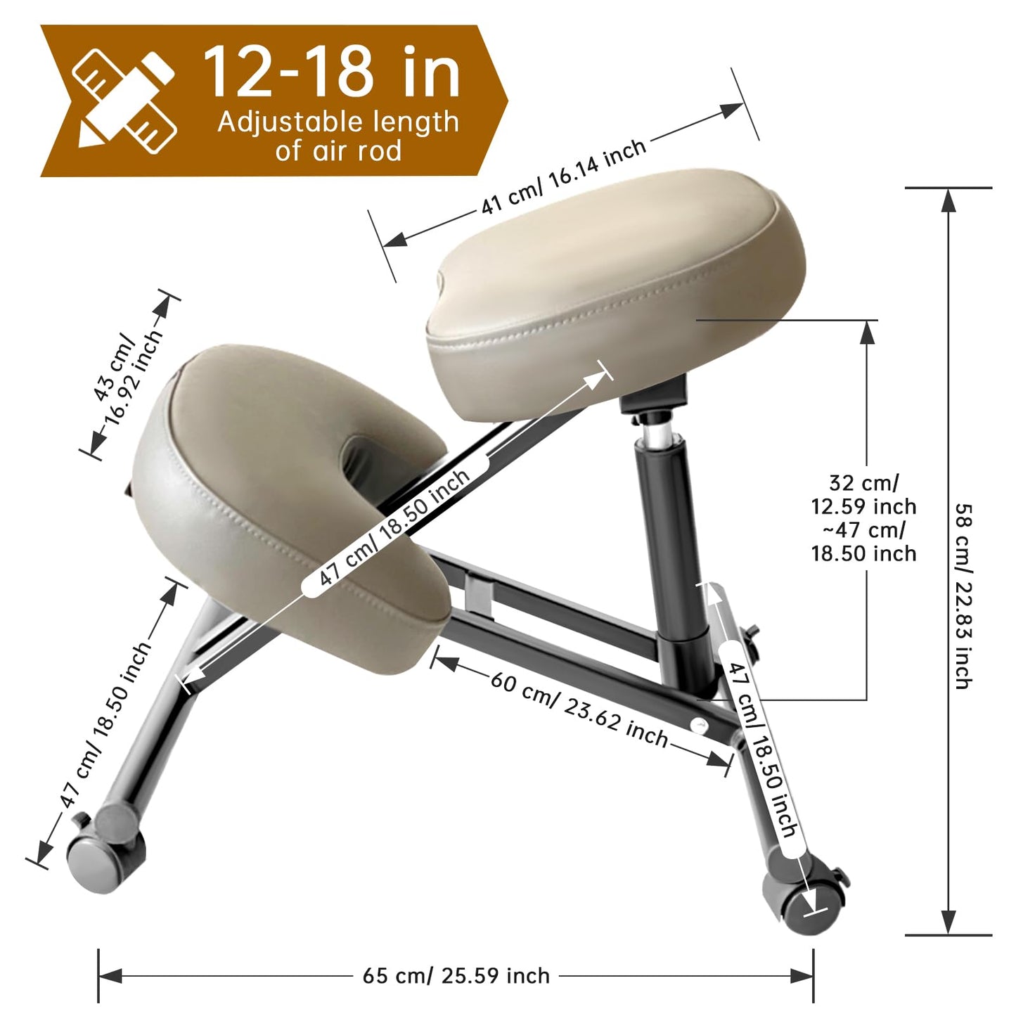 PU Leather Ergonomic Kneeling Chair, Adjustable Home and Office Stool with Thick Pads and Flexible Lockable Brake Wheels for Back Pain Relief(Dark Brown)