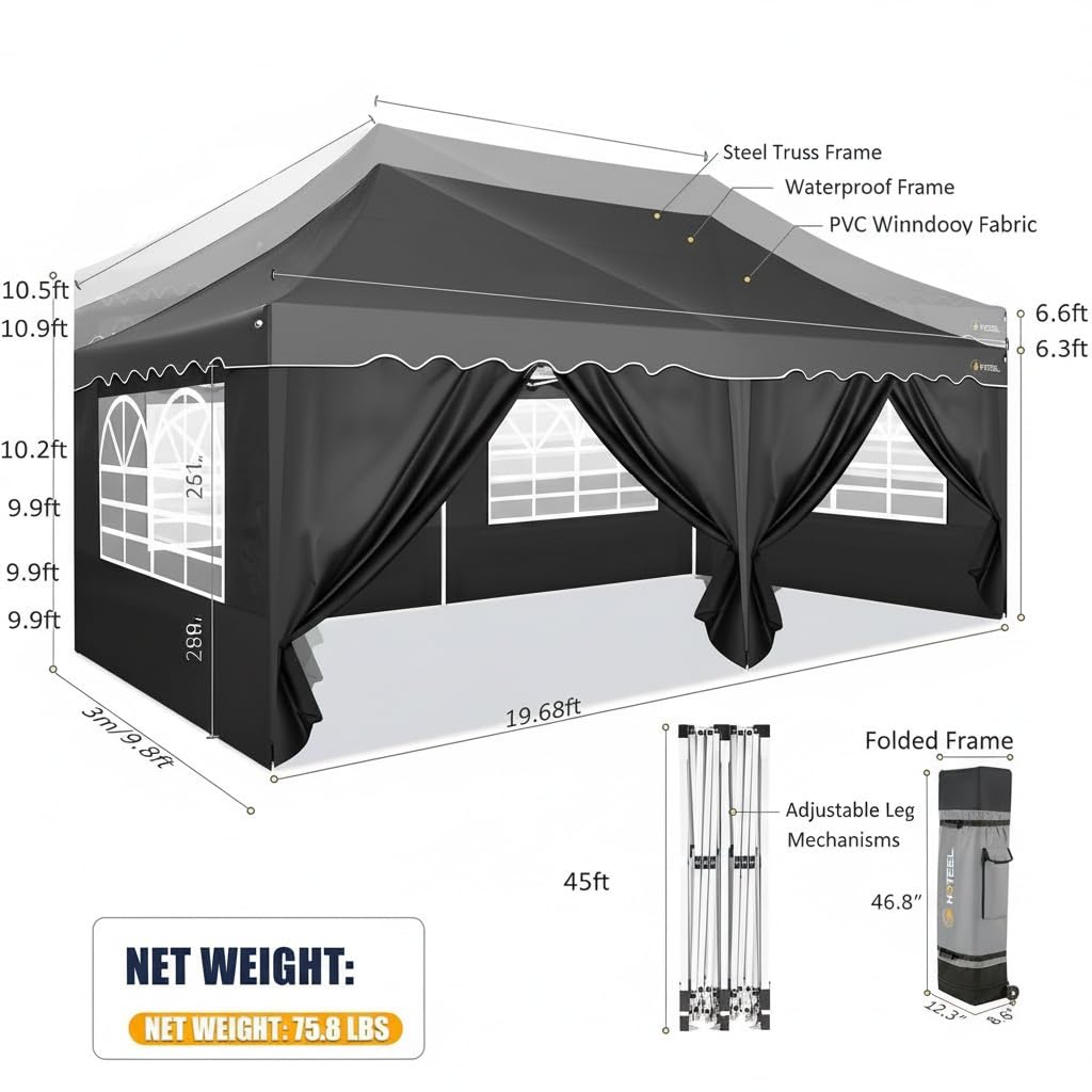 COBIZI Carport 10x20 Portable Garage, 2.0 Powder Coated Frame, Pop Up Canopy with 6 Sidewalls, Waterproof Shelter with Removable Sidewalls & Windows, Built-in Sandbags, for Car/Boat/SUV, Black