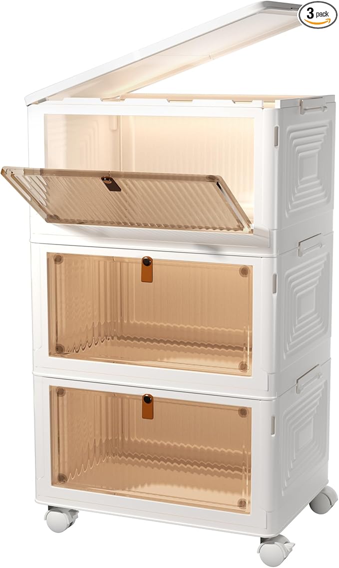3 Tier Stackable Storage Bins with Lids, 23Qt Plastic Storage Containers with Magnetic Doors & Wheels, Convenient Storage Bins Closet Organizers, Household Organization for Home, Party, Office, Dorm