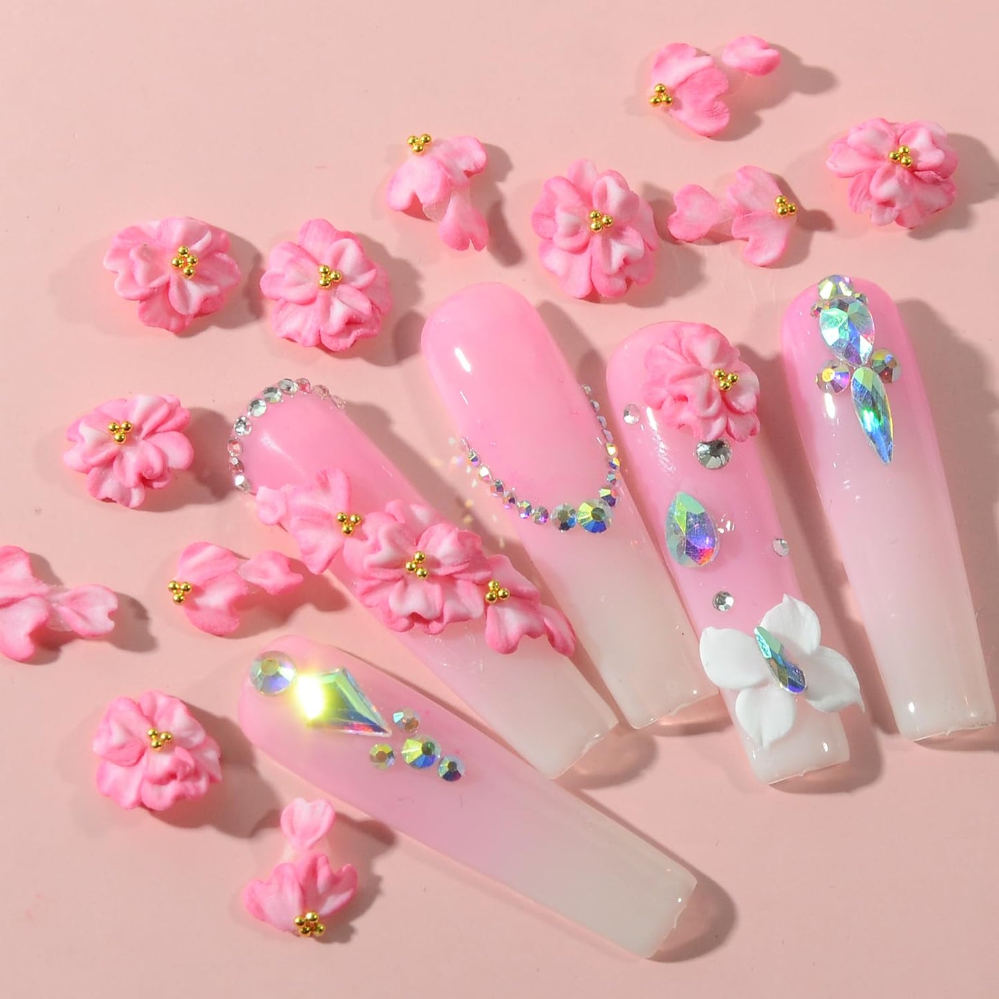 BAIYIYI 30PCS Handmade Acrylic Flowers Nail Art Charms Cute Y2K Summer Floral with Caviar Beads Design High-end Craved Flower Petal Nails Charms for Women Profession Nail Art Craft Jewelry