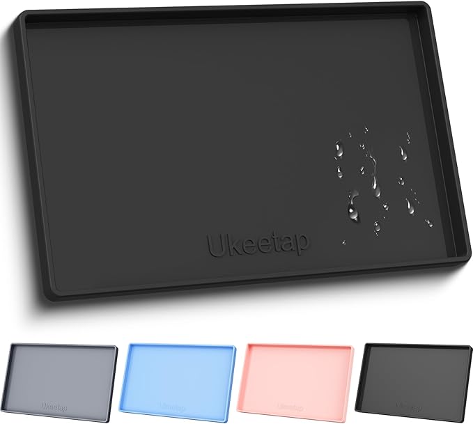 ukeetap Extra Thick Silicone Mat Waterproof with Raised Edge 19â x 12â, BPA Free Non-Slip Dog & Cat Food Mat, Feeding Mat for Food and Water Bowls, Spill Proof Mat to Protect Floors, Black