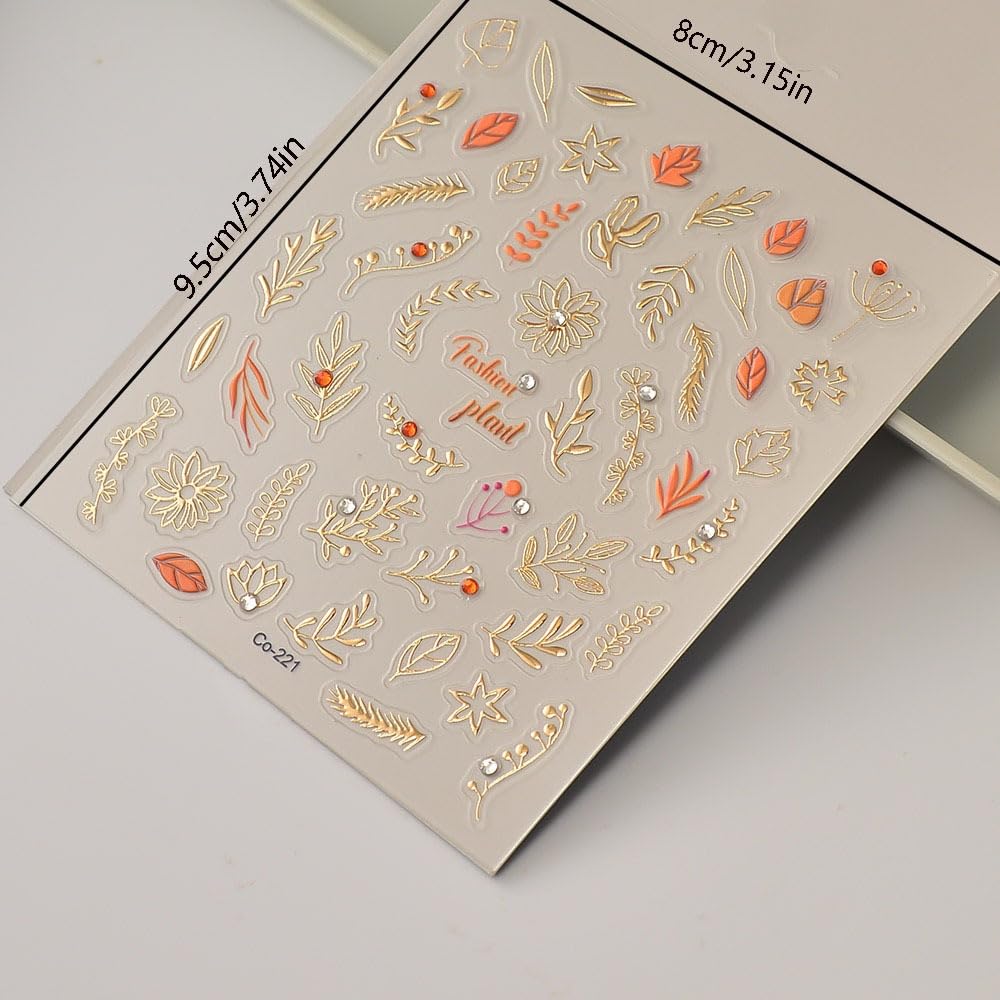Sevgob 5D Embossed Fall Nail Art Stickers Leaf Nail Stickers Gold Plant Maple Leaf Nail Decals with Rhinestone Designs Self-Adhesive Autumn Nail Supplies for Women Girls Acrylic Nails DIY Manicure