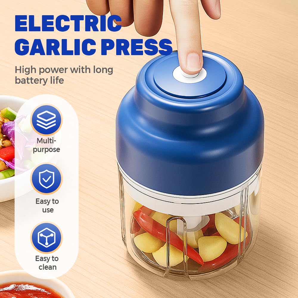 Electric Mini Garlic Chopper Set, 2025 New Small Garlic Chopper Mincer, Electric Food Chopper Tool, USB Rechargeable, Wireless Veggie Grinder, for Mashing Onion, Garlic, Chili, Ginger (Blue, 250ml)