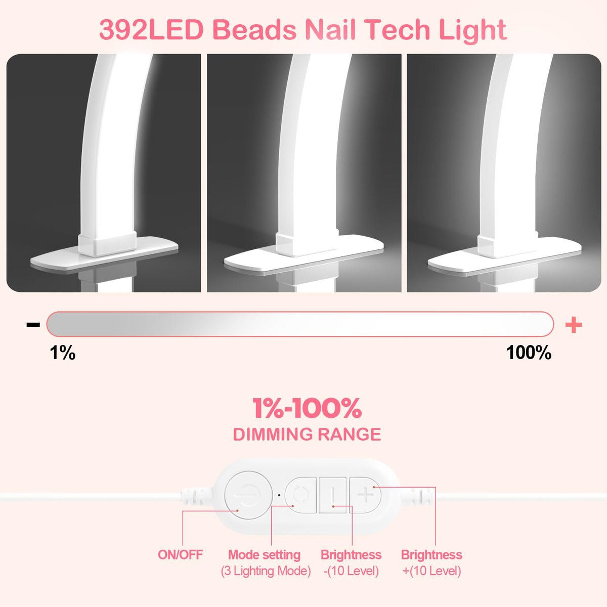 Kadden Foldable Large Half Moon LED Light,29" Arch Light with Rhinestone-Encrusted for Table Nail Desk with Phone Stand, Upgrade Arch Light for Nail Techs (White, Large)