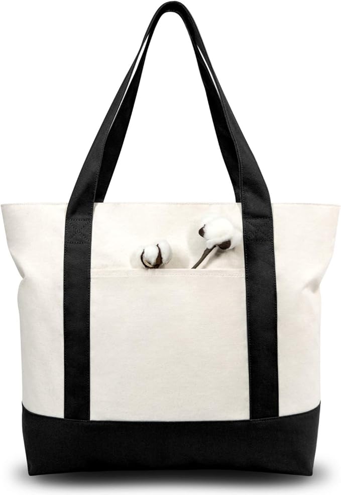 TOPDesign 30-Pack Canvas Tote Bags with an External Pocket, Reusable Grocery Shopping Bags, Top Zipper Closure, Daily Essentials (Black/Natural)