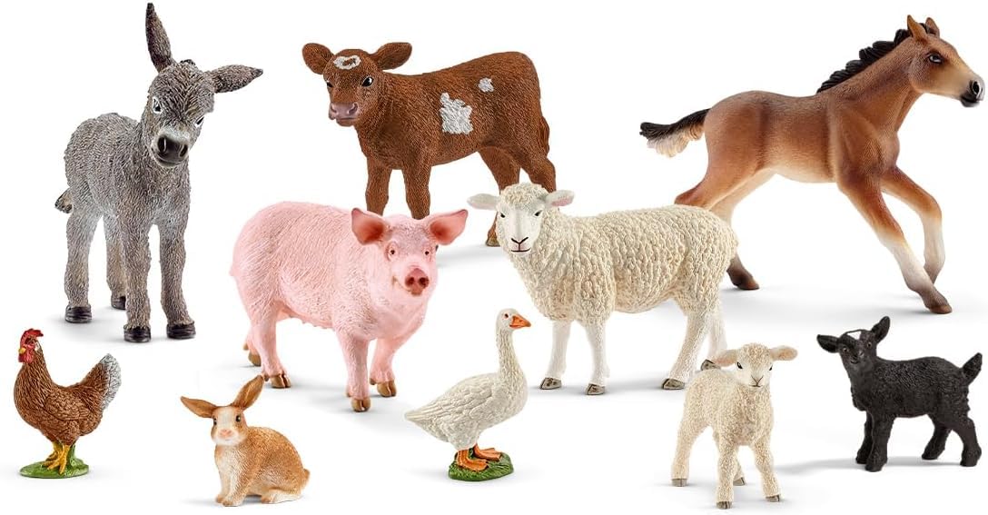 Schleich Farm World - 10PC Farm Animal Bundle with Chicken, Pig, Horse Figurines - Barnyard Starter Set with Baby Animal Figures - Durable Educational Toys for Imaginative Play - Kids Ages 3+ | 77585