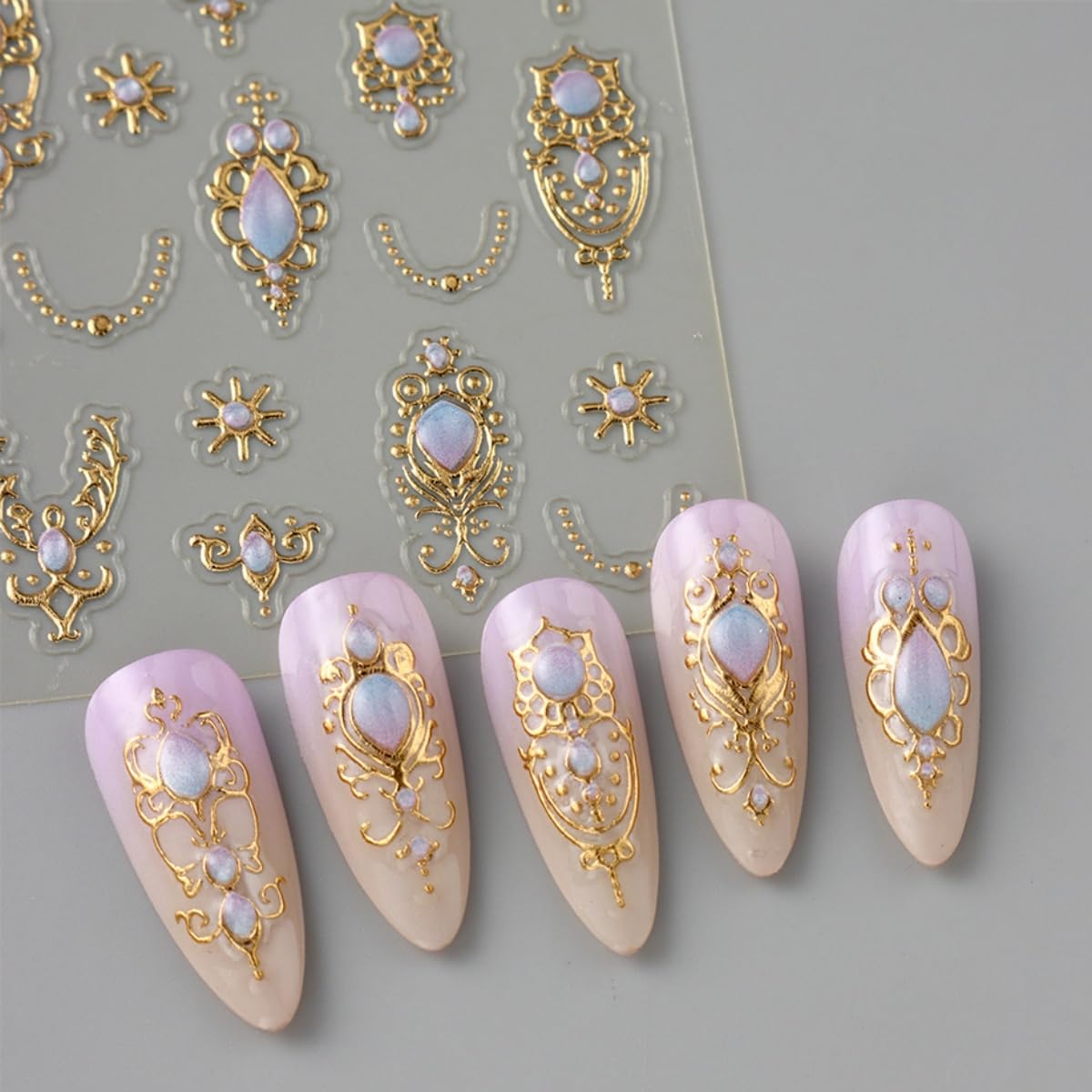 4 Sheets Flower Nail Art Stickers 5D Embossed Retro Floral Gemstone Nail Decals Gold Silver Carving Luxury Baroque-Style Scepter Self-Adhesive Nail Art Supplies for Women DIY Manicure Decoration