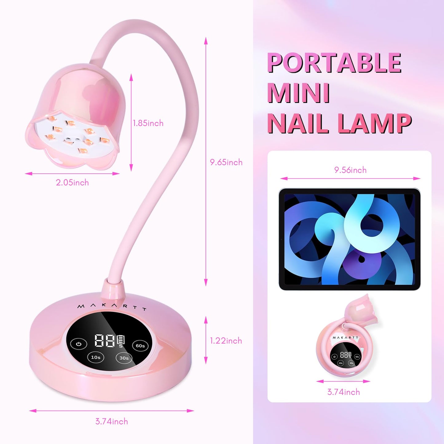 Makartt Cordless Mini UV LED Nail Lamp, 10s Flash Cure Nail Lamp for Gel Polish, 30mW/cm² Rechargeable Gooseneck UV Light Nail Dryer with Auto Sensor & 4 Timers, Portable for Daily Manicure & Travel