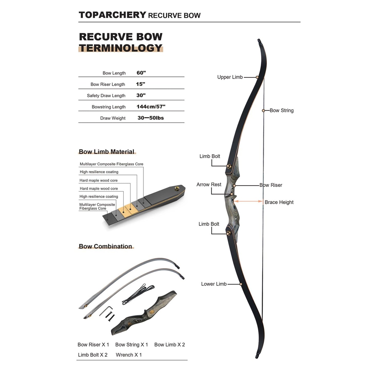 TOPARCHERY 60'' Archery Recurve Bow Takedown Bow Hunting Bow and Arrow Set Adult Target Practice Competition Survival Longbow Right Hand 30-50lbs with 6pcs Fiberglass Arrows (50lbs)