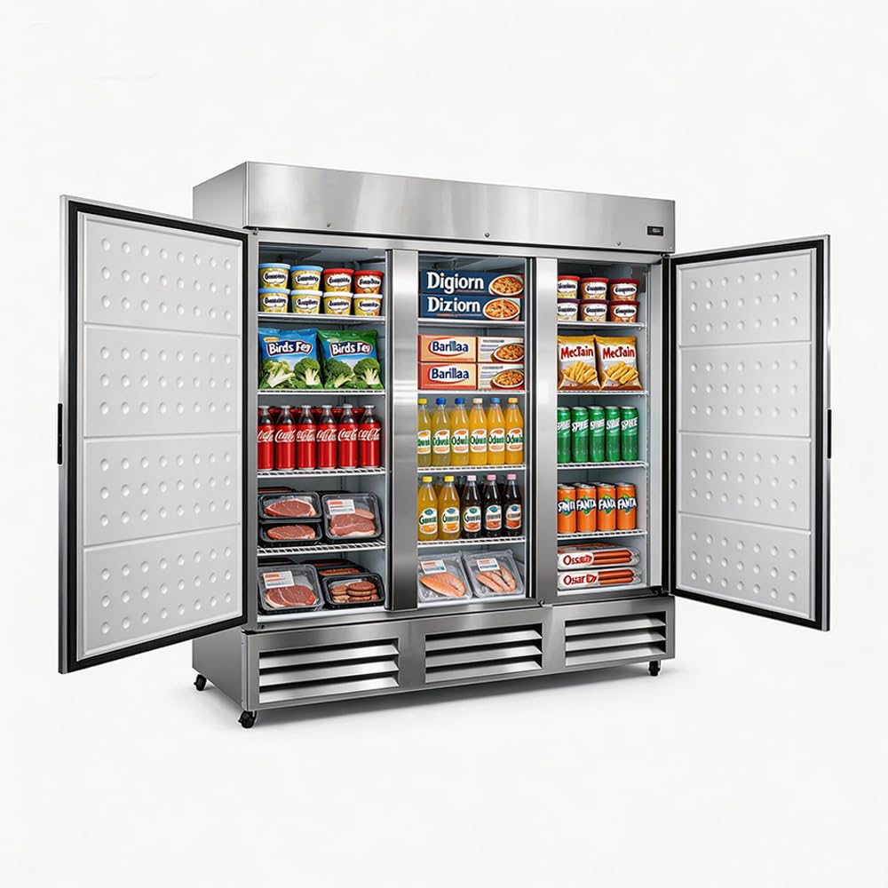 NAFCOOL Commercial Freezer Stainless Steel Freezer,66 Cu.ft Reach In Solid Single Door Merchandiser Cooler for Restaurant, Bar, Shop with LED Light Adjustable Shelves, ETL Sanitation,81" Wide