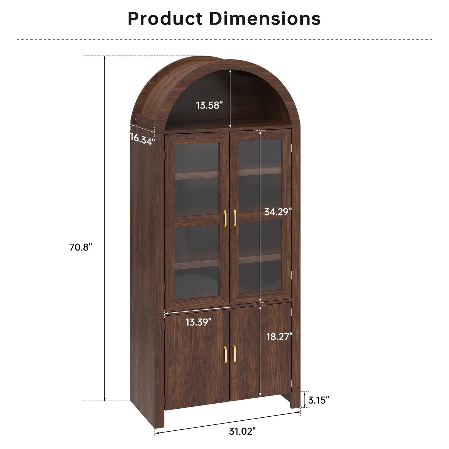 Breezestival 71" Tall Arched Kitchen Pantry Cabinet, Modern Farmhouse Wood Kitchens Storage Cabinets, Cupboard for Dining Room, Kitchen, Bathroom, Brown