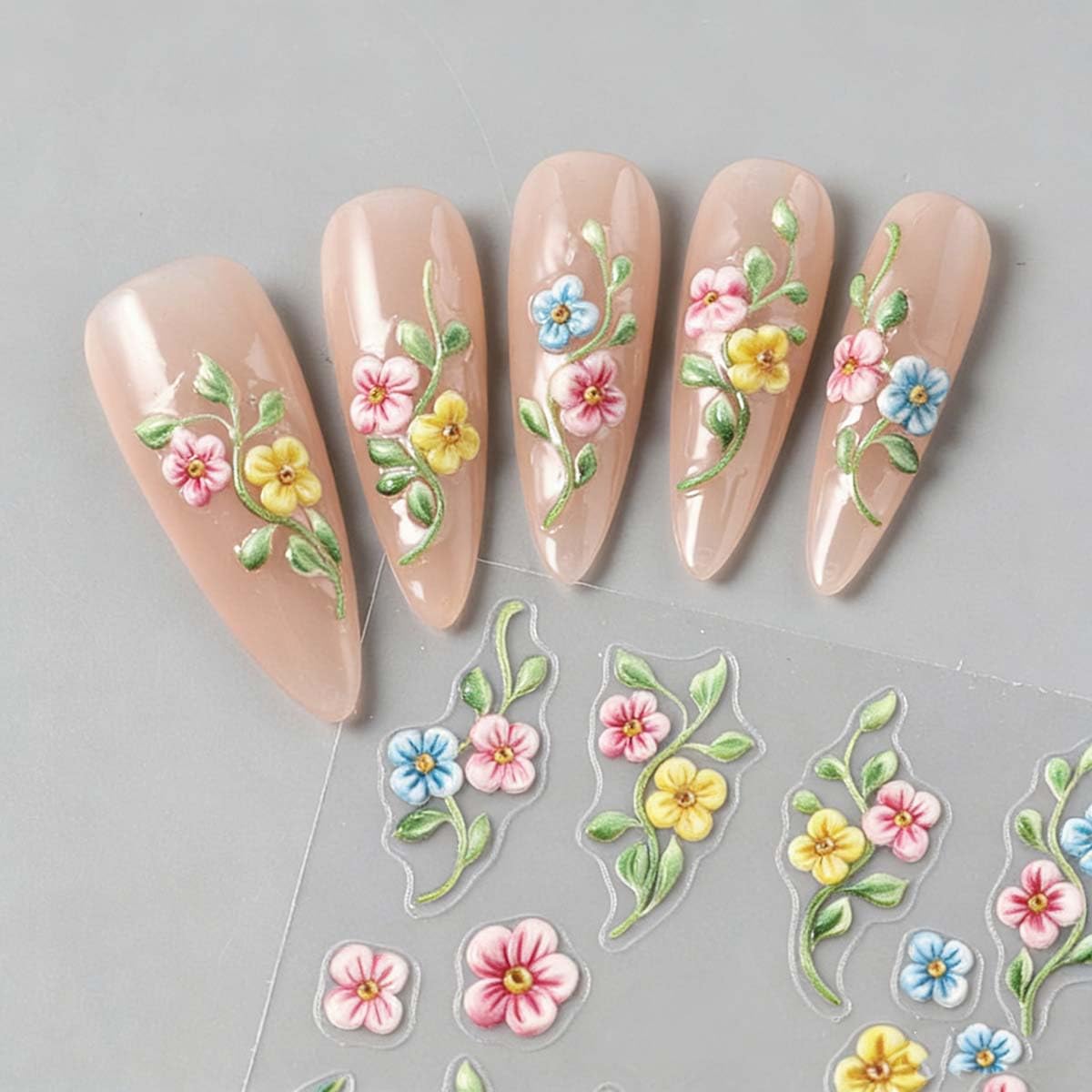 3 Sheets Flower Nail Stickers Green Leaf Nail Decals 5D Self-Adhesive Yellow Blue Pink Floral Nail Art Stickers Spring Summer Nail Decoration for Women DIY Manicure Supplies