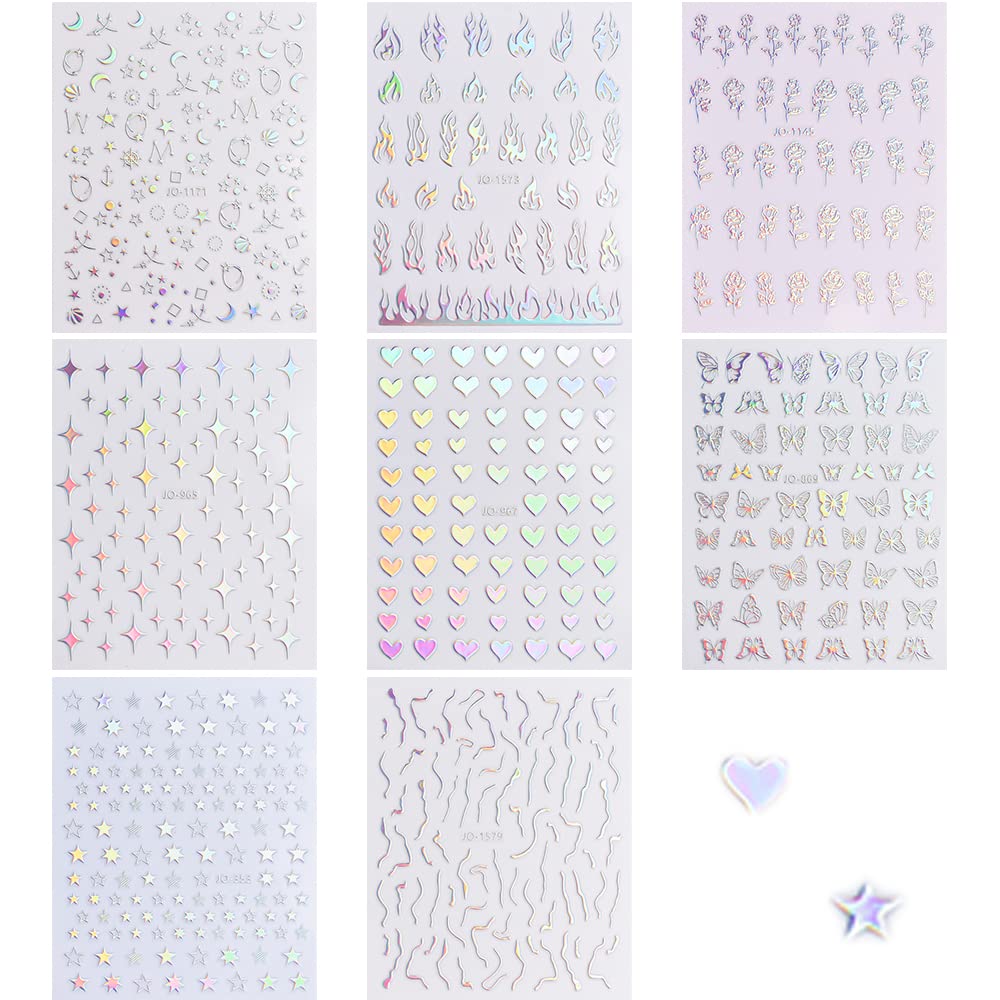 8 Sheets Butterfly Nail Art Stickers 3D Self Adhesive Nail Art Design Heart Laser Nail Sticker Holographic Glitter Butterfly Flame Laser Silver Flowers Nail Decals for Women Girls DIY Manicure Tips