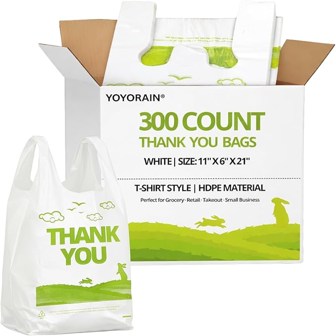 YoYoRain White Thank you T shirt bag, Grocery shopping bag Reusable and Disposable Supermarket Bag 11''x6''x21'' 300PCS