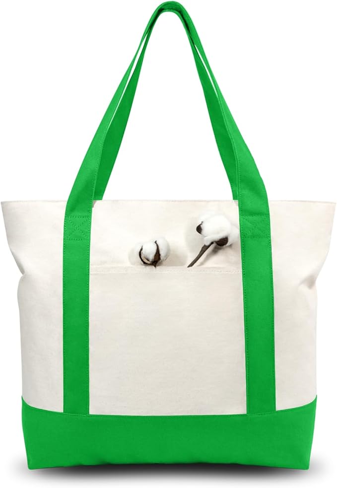 TOPDesign 1-Pack Canvas Tote Bag with an External Pocket, Reusable Grocery Shopping Bag, Top Zipper Closure, Daily Essentials (Lime Green/Natural)