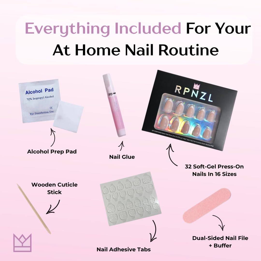 RPNZL Press On Nails - Paris | White French Tip, Short Almond Nails, Fake Nails Salon Quality | 32 Nails, 16 Sizes Kit with Glue and Adhesive Tabs