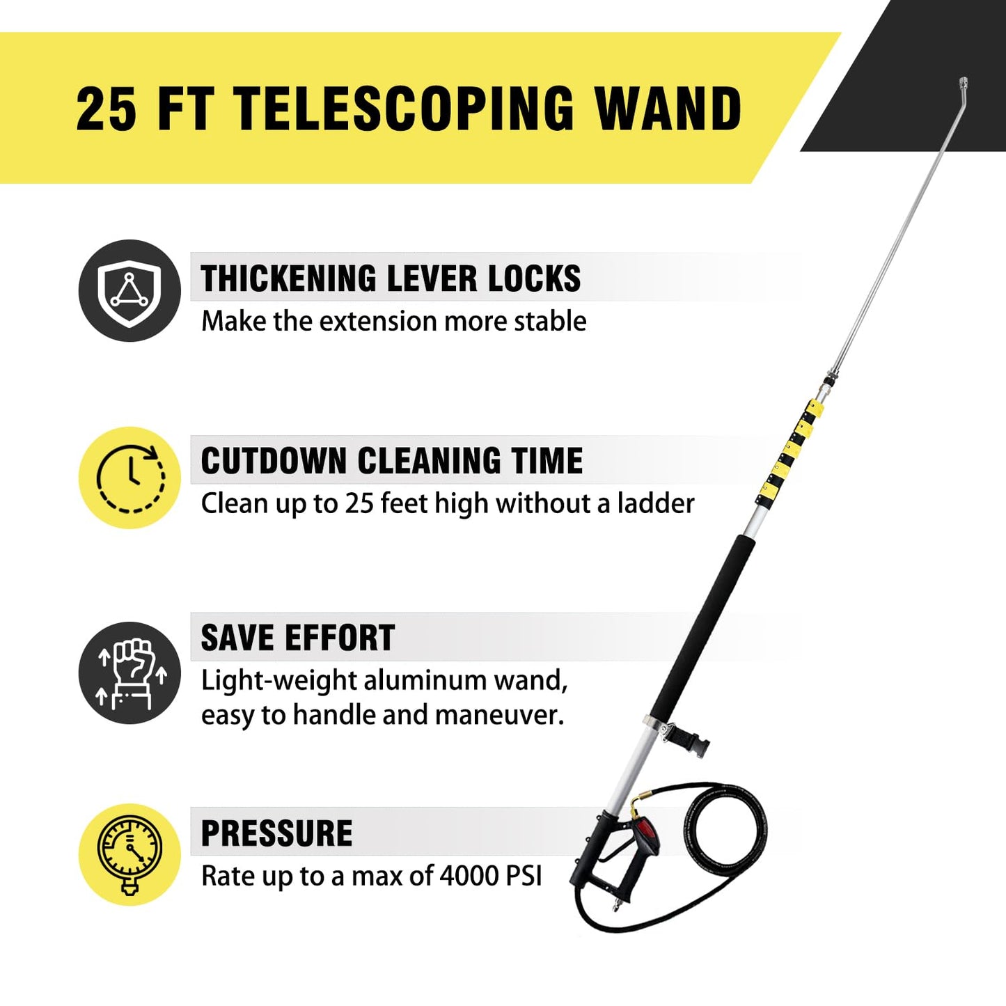 JANZ 25 FT Pressure Washer Telescoping Wand with Power Washer Extension Wands, Brush Head, Gutter Cleaner, 7 Spray Nozzle Tips, 2 Hose Adapters and Support Belt