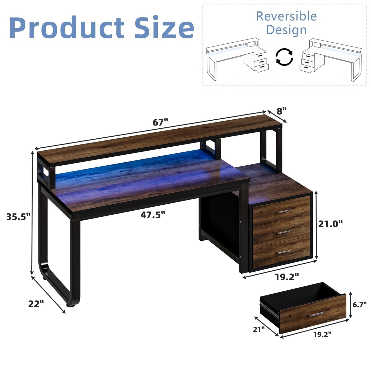 MaverickFurni 67'' Computer Desk with Drawers, Black Desk with Storage and Monitor Stand, Home Office Desk with LED Lights, Black and Walnut