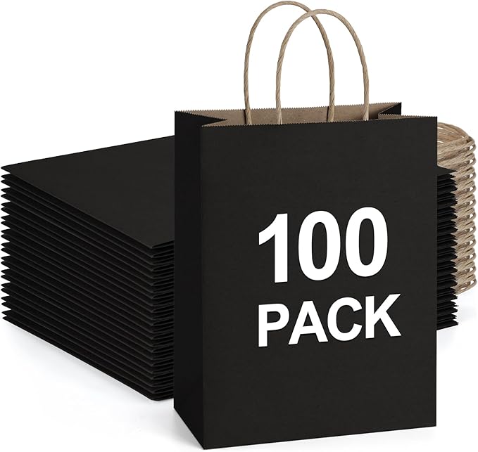 BagDream Recyclable Kraft Paper Gift Bag, 8x4.25x10.5 Inches, 100Pcs, Black, with Handles, Bulk, FSC Compliant, Multipurpose