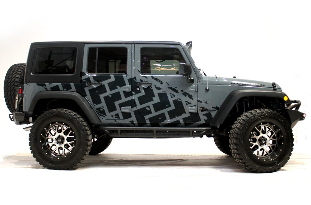 Factory Crafts Tire Tracks Side Graphics Kit Vinyl Decal Wrap Compatible with Jeep Wrangler 4 Door 2007-2016 - Matte Black
