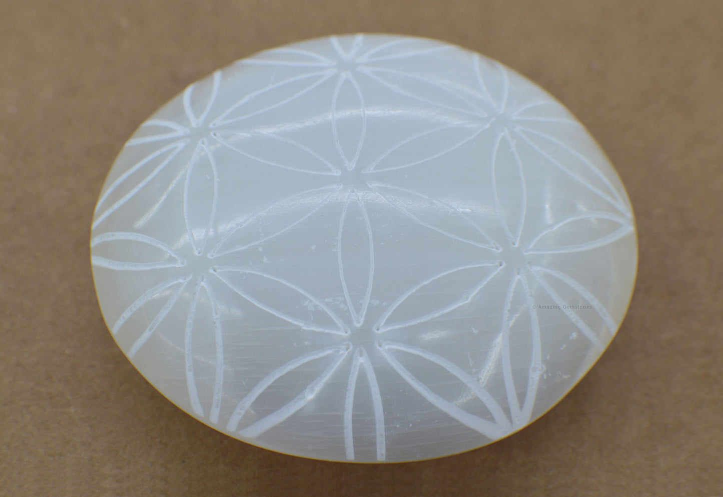 Amazing Gemstone Selenite Palm Stone - Flower of Life Engraved Hot Massage Worry Stone for Natural Body Chakra Balancing, Reiki Healing and Crystal Grid