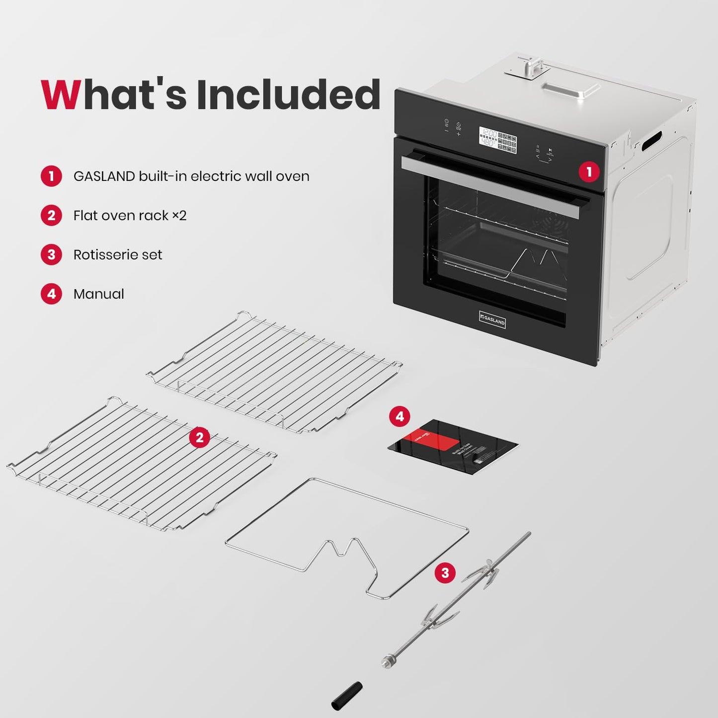 24 Inch Electric Wall Oven, ETL Certified, GASLAND 2.6 Cu.ft Built-in Single Wall Oven, 12 Cooking Functions, 3D Heating, Convection Oven with Rotisserie, Touch Control, Safety Lock, Black