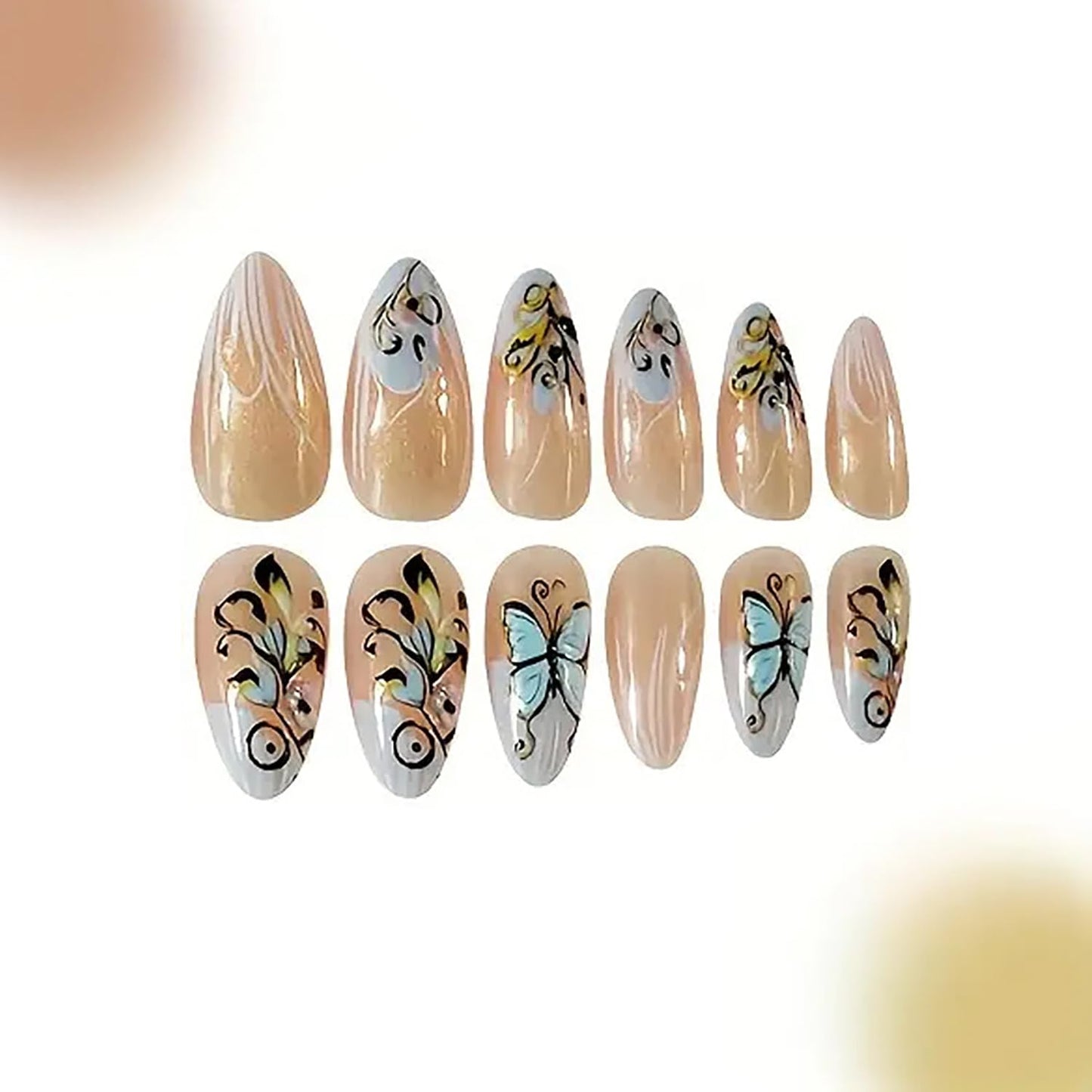 Butterfly Press on Nails Medium Almond Shaped Gold Glitter Powder Acrylic Flse Nail Full Cover Glossy French Tip Almond Artificial Stick on Nail 24Pcs Reusable Press Ons Glue on Nails for Women