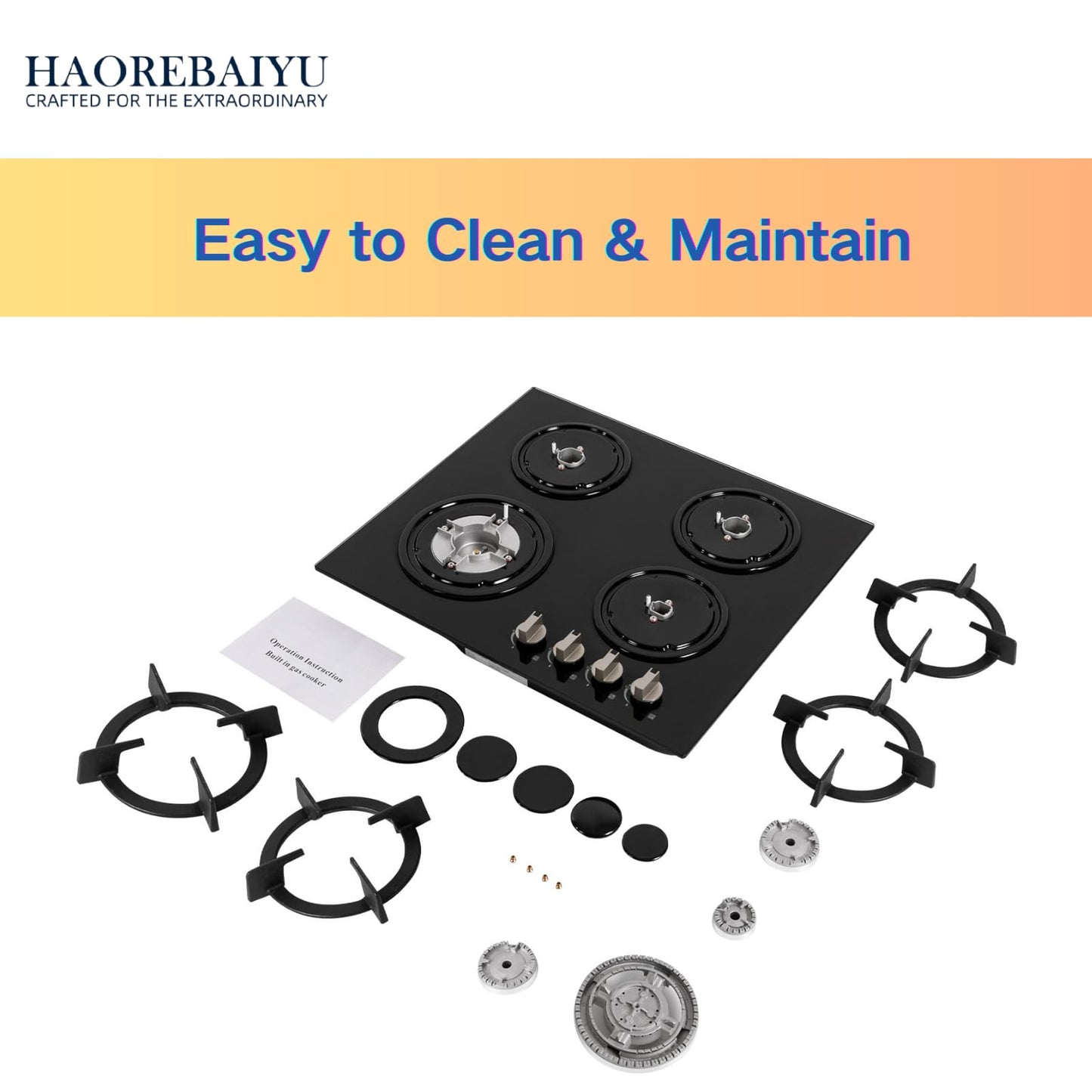 23Inch 4 Burner Built-In Lpg Gas Stovetop,Drop-In Gas Hob with Independent Control Knobs&Backfire Protection,Black Tempered GlassGas Cooktop