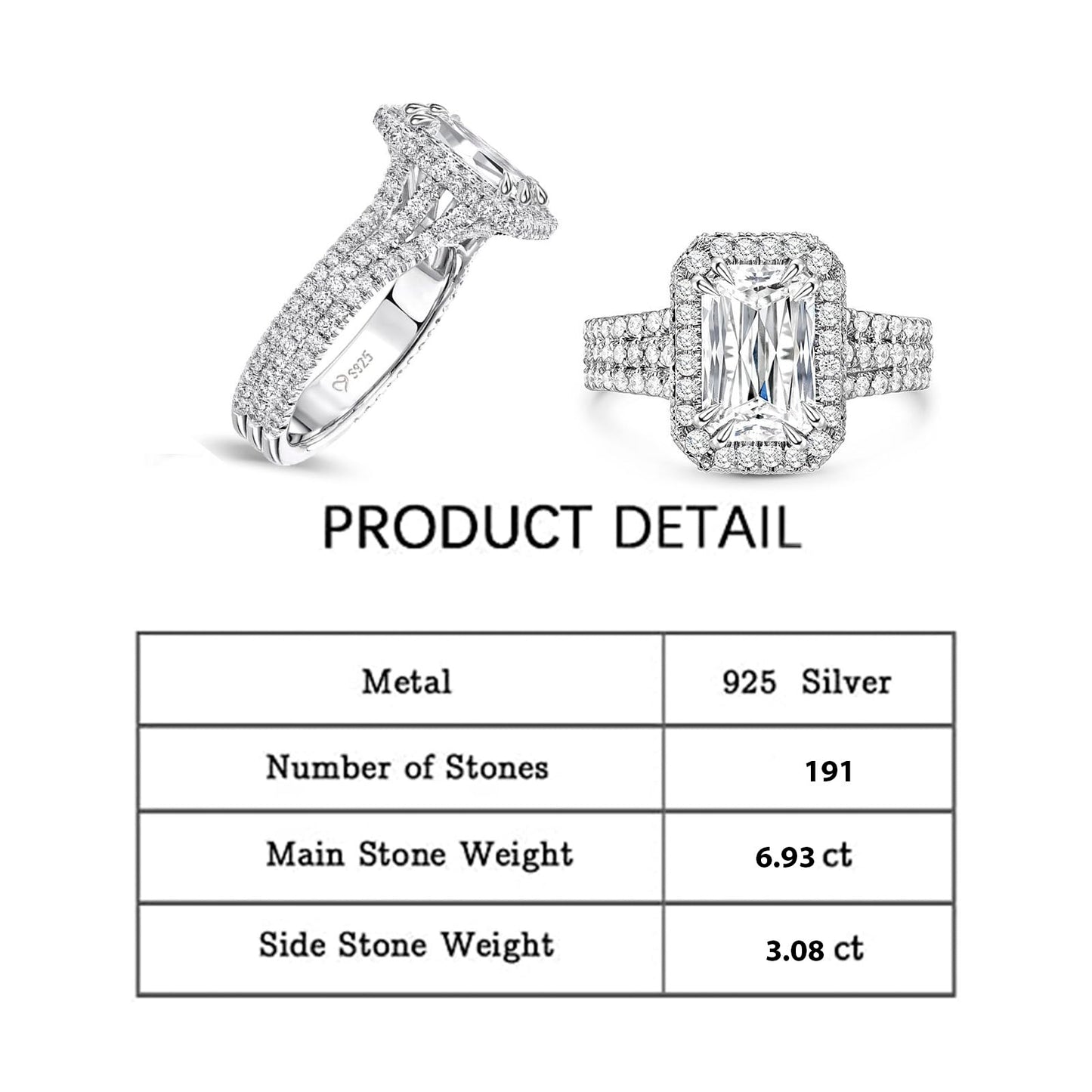 Jeulia 6.93 CT Emerald Cut Wedding Ring Set for Women; Clear Halo 14k White Gold Halo Solitaire Engagement Band Diamond Bridal Set Sterling Silver Promise Jewelry with Gift Box (Silver & White, 8.5)