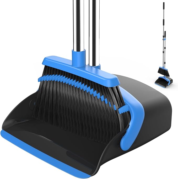 NACENA Broom and Dustpan Set, 52-in Long Adjustable Handle Broom Dustpan Combo with Dustpan Teeth to Automatically Clean Hair Suitable for Home Kitchen Office Hall Floorï¼Black&Blueï¼