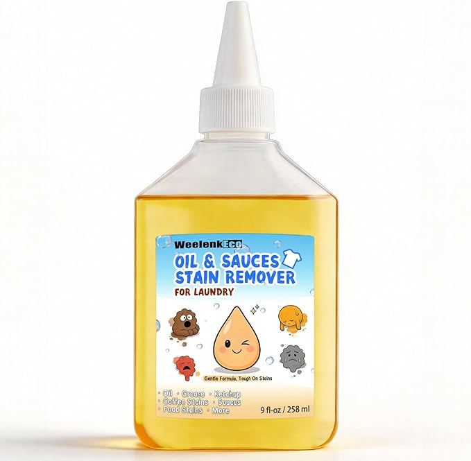 Instant Oil Stain Remover For Fabric (9 fl oz) â Effectively Eliminates Food Grease, Sauces, Motor Oil, Dried Oils, and Oily Stains. Safe for Skin and Machine-Washable Fabrics