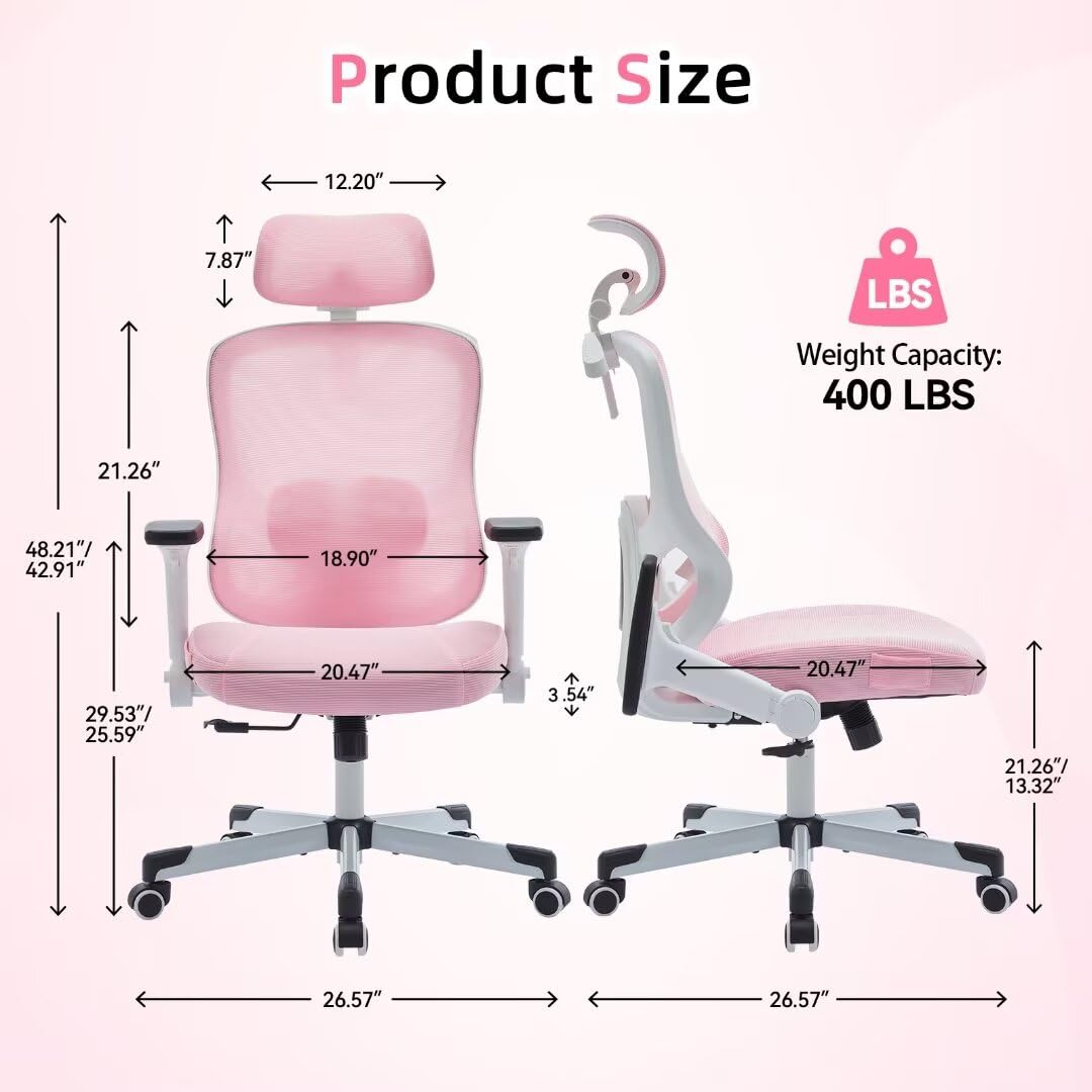 Ergonomic Office Chair Big Tall Reclining Gaming Chair Adjustable Lumbar Support 6D Armrest 6D Headrest Breathable Mesh Swivel Computer Chairs Home Task Desk Chair Wheels Coat Hanger Tilt Lock Pink